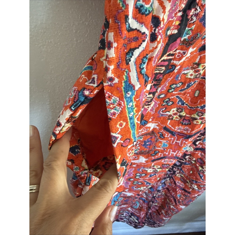 Anthropologie Paisley Midi Dress Womens 6 Orange Red Boho Puff Sleeve Side Slit - Picture 6 of 10